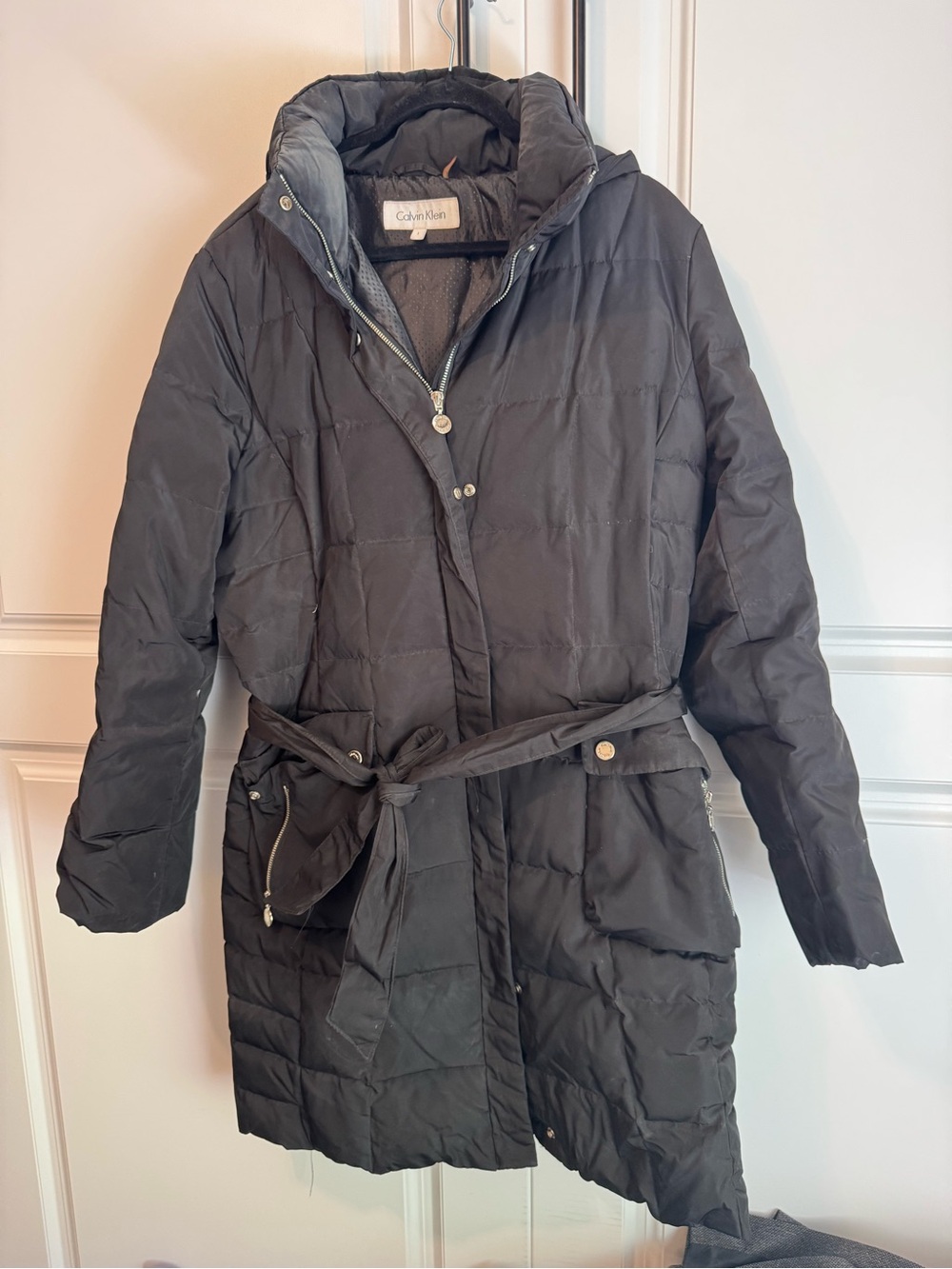 Calvin Klein Black Quilted Belted Hooded Puffer Coat